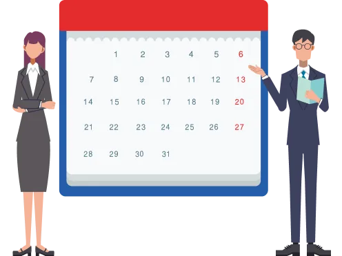 大きなカレンダーを前に話し合うスーツ姿の二人の人物のイラスト
