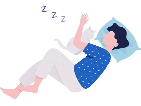 猫を抱いて横になり眠る人物のイラスト