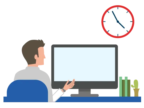 パソコン画面を見つめる人物と壁の時計のイラスト